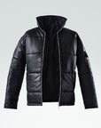 The Signature Huracan Men & Women's Black Puffer Jacket floating image front un zipped
