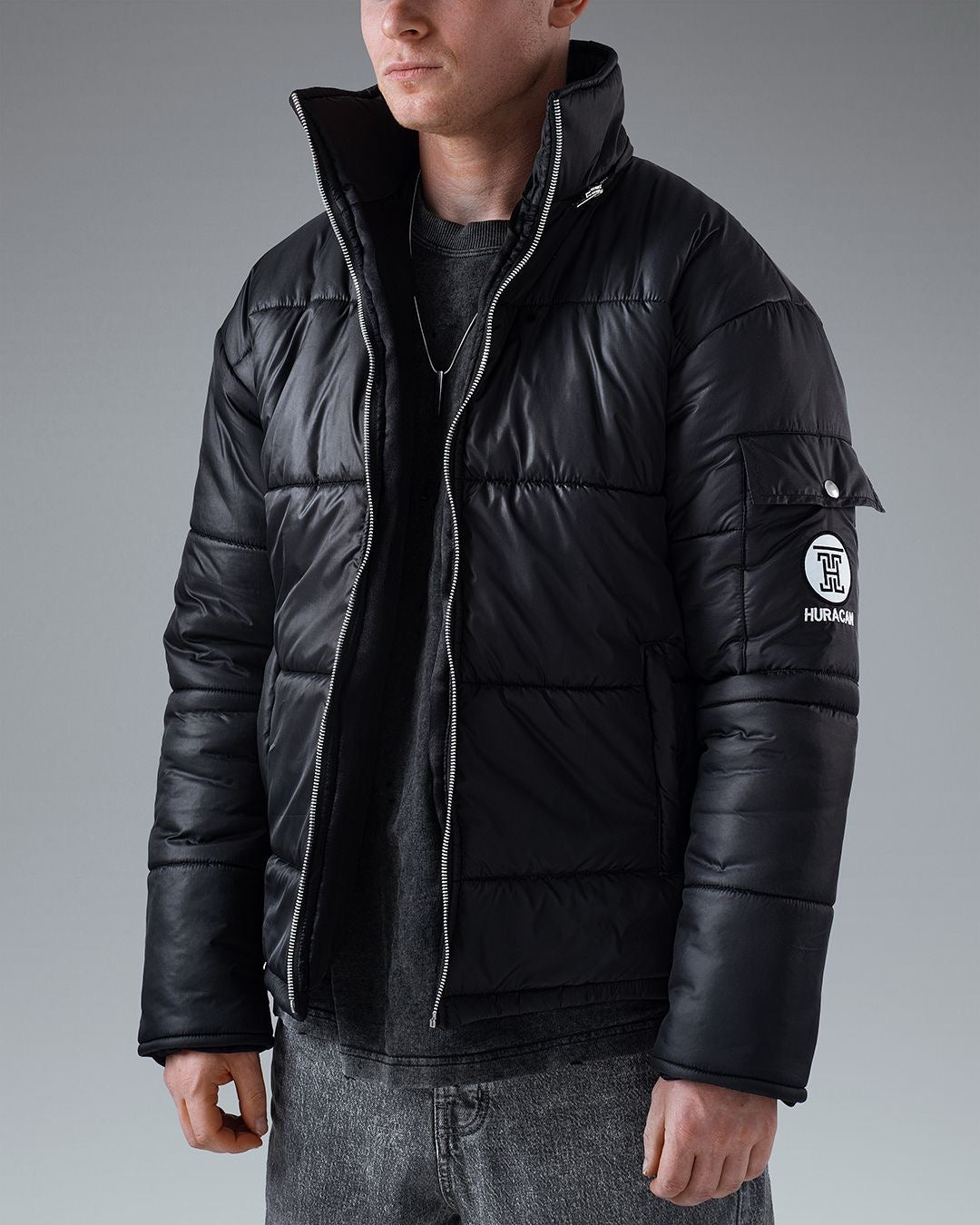 The Signature Huracan Men &amp; Women's Black Puffer Jacket side front