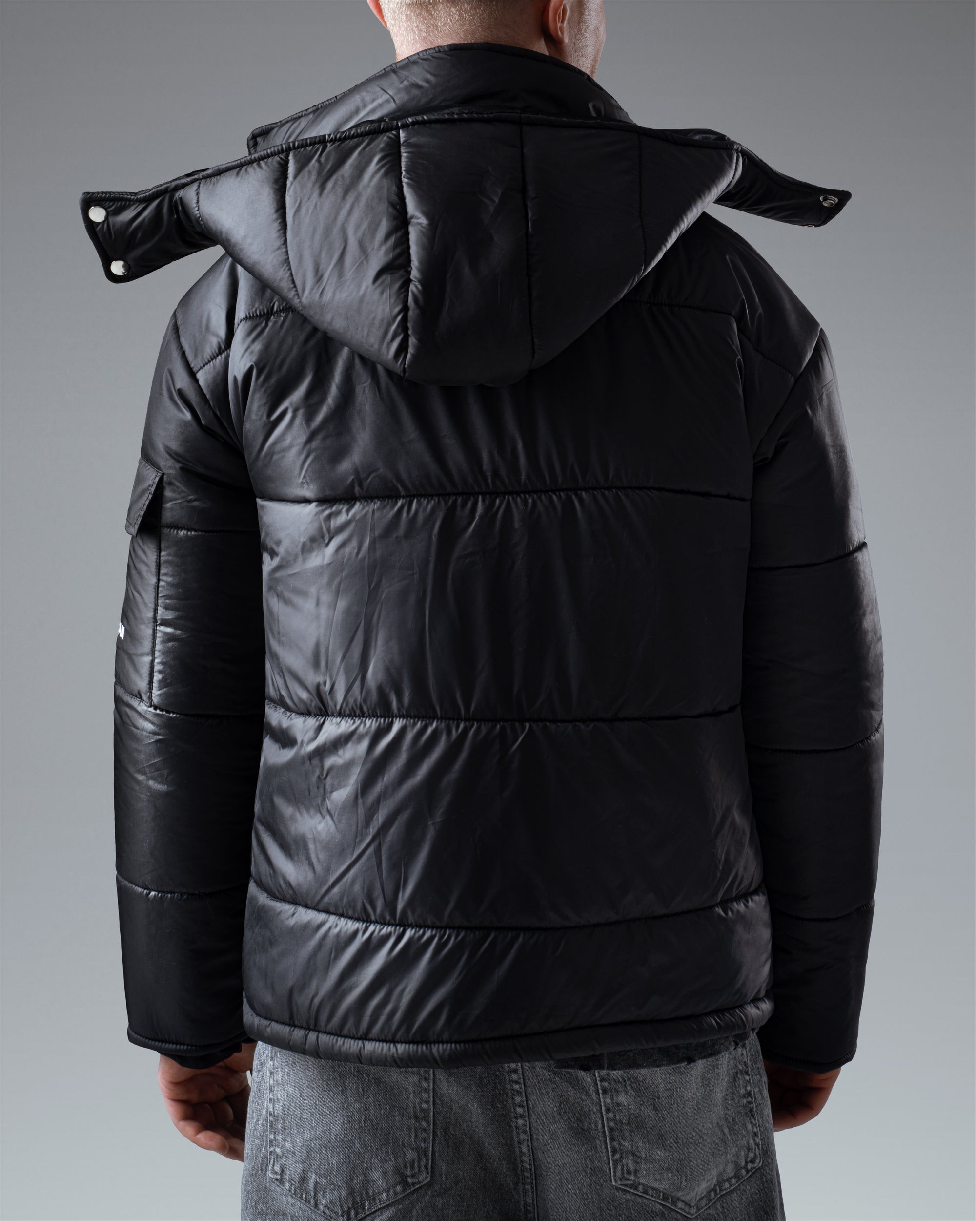 The Signature Huracan Men &amp; Women's Black Puffer Jacket hooded back 