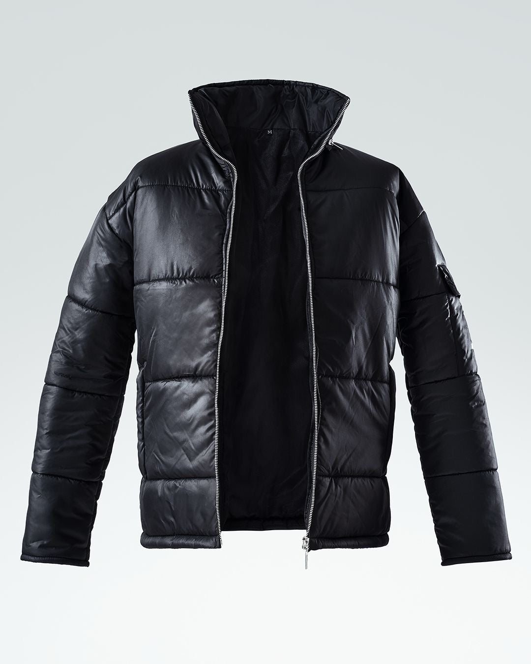 The Signature Huracan Men &amp; Women's Black Puffer Jacket floating image front un zipped