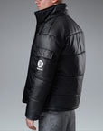 The Signature Huracan Men & Women's Black Puffer Jacket side angle