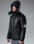 The Signature Huracan Men & Women's Black Puffer Jacket hooded side angle hood up